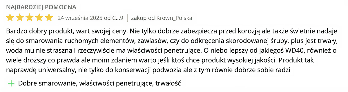 Ocena klienta oleju antykorozyjnego KROWN T40